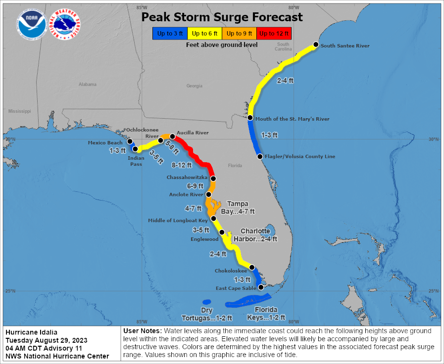 Peak storm surge forecast from Hurricane Idalia 5 a.m. Aug. 29, 2023.