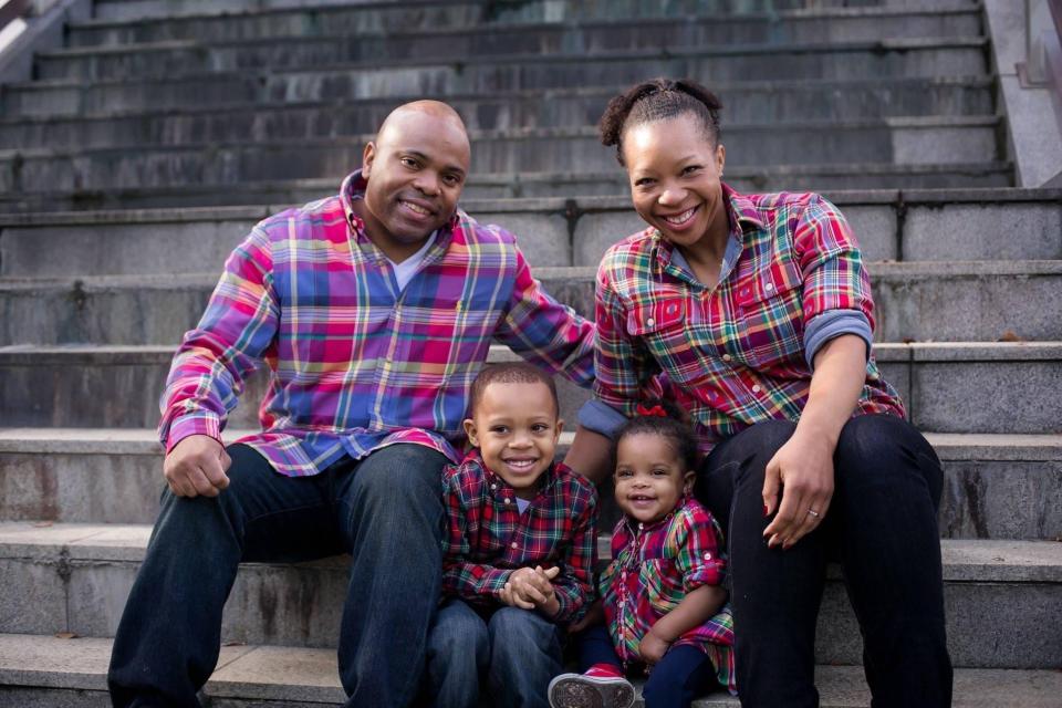 Dwinese Aird (right), husband Renrick Aird and son Shaine Aird, now 11, and daughter Samiya Aird, now 7.