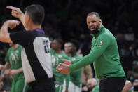 Boston Celtics head coach Ime Udoka argues with officials while facing the Miami Heat during the first half of Game 4 of the NBA basketball playoffs Eastern Conference finals, Monday, May 23, 2022, in Boston. (AP Photo/Charles Krupa)