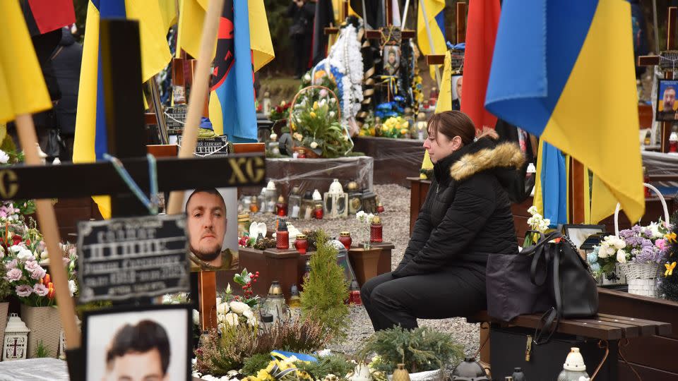 Images of fallen Ukrainian soldiers fill Lychakiv Cemetery in Lviv on February 24, 2024, the second anniversary of Russia's full-scale invasion. - Pavlo Palamarchuk/Anadolu/Getty Images