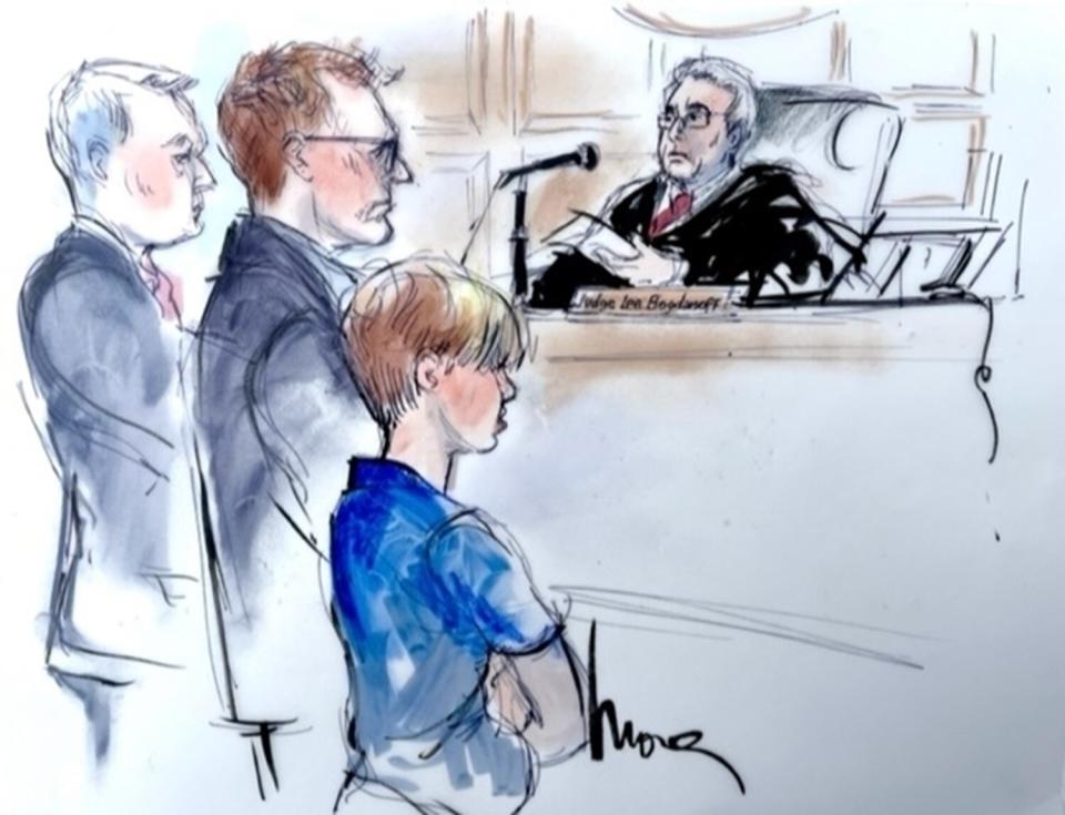 Anne Heche's ex, James Tupper is see in court sketches beside their son, Atlas during Probate Hearing in Los Angeles court today. Tupper filed a request to become the guardian ad litem of Atlas, 13.