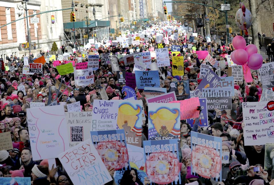 <p>Thousands of people gather holding protest signs on Central Park West for the 2018 Women’s March in New York City, Jan. 20, 2018. (Photo: Peter Foley/EPA-EFE/REX/Shutterstock) </p>