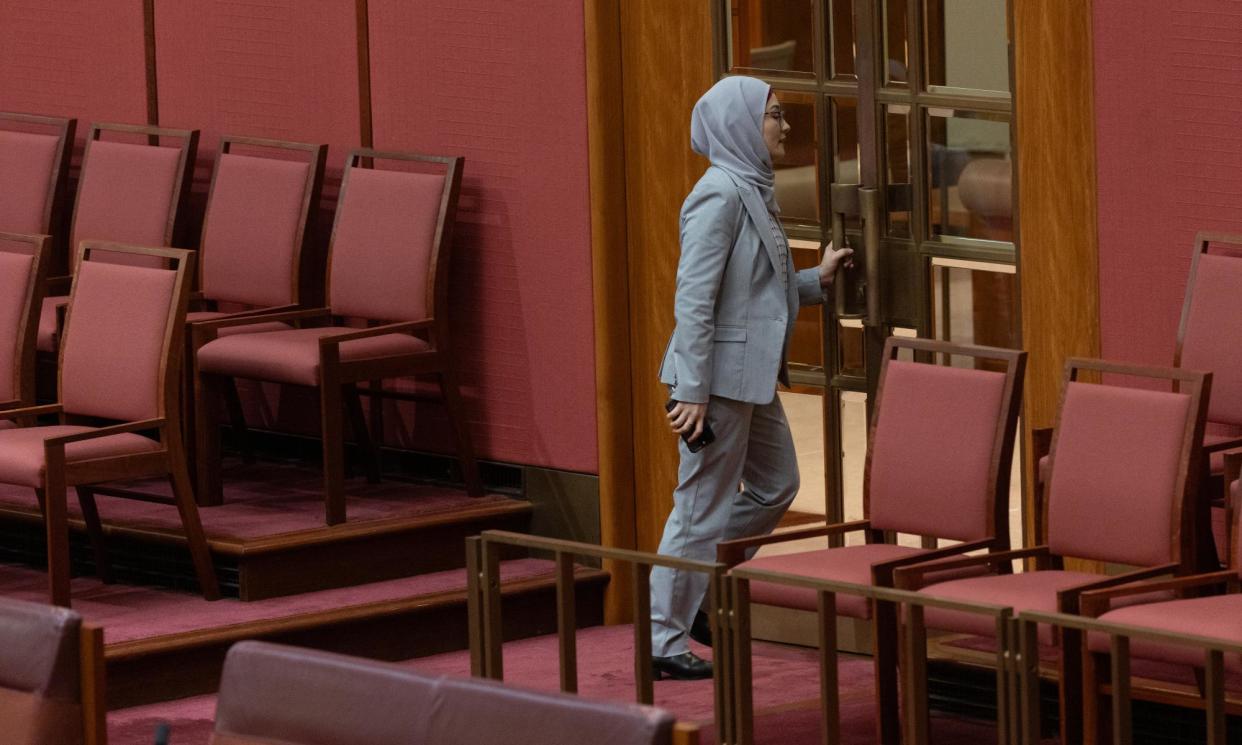 <span>Labor senator Fatima Payman leaves the chamber after crossing the floor during a vote on Palestine in response to the Israel-Gaza war. Anthony Albanese has called her decision ‘an indulgence’.</span><span>Photograph: Mike Bowers/The Guardian</span>