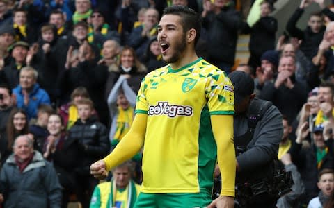 Norwich City's Emi Buendia celebrates scoring his side's first goal during the Sky Bet Championship match at Carrow Road - Credit: PA