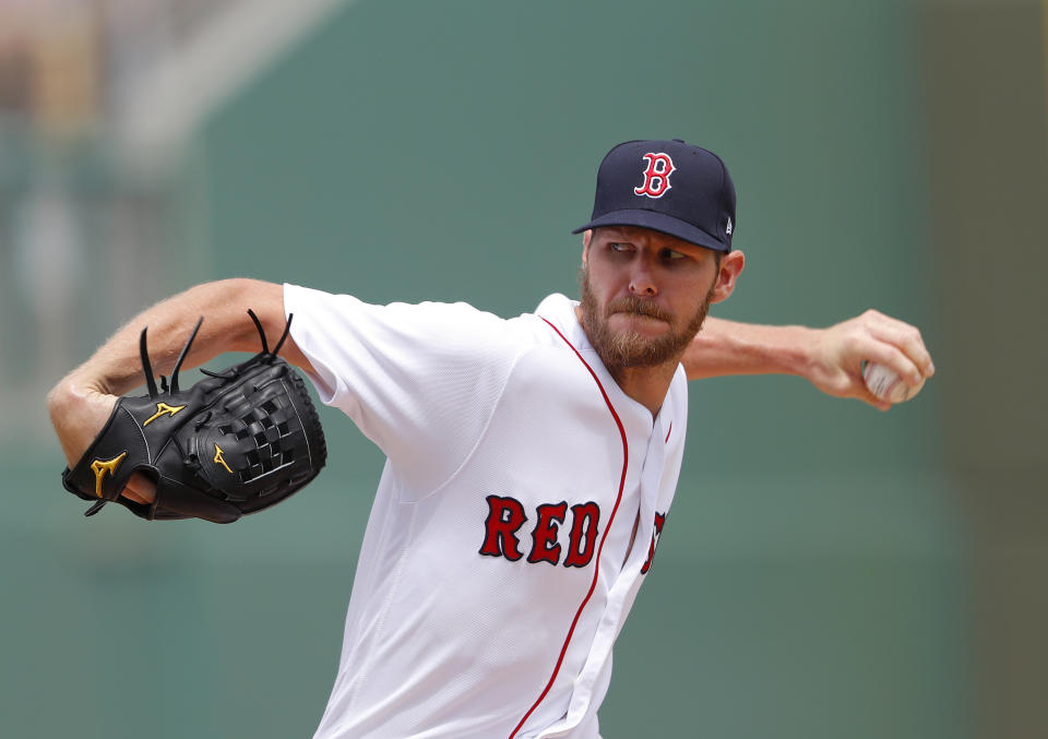 Boston Red Sox starting pitcher Chris Sale (41) works in the first inning of a spring training baseball game against the Atlanta Braves Saturday, March 16, 2019, in Fort Myers, Fla. (AP Photo/John Bazemore)