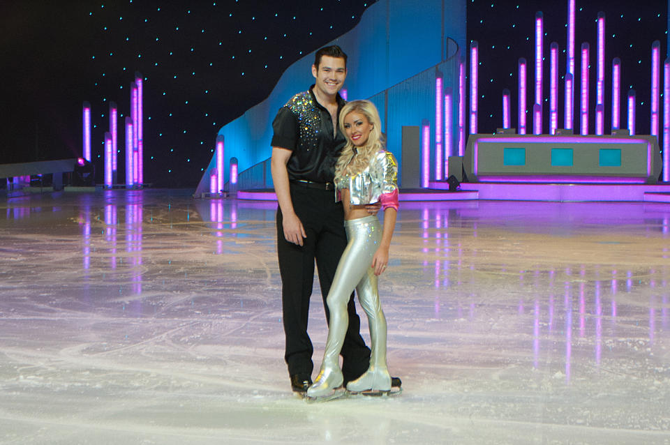 NEWCASTLE UPON TYNE, UNITED KINGDOM - APRIL 13: Sam Attwater and Brianne Delcourt meet the press ahead of Dancing On Ice - The Live Tour! at Metro Radio Arena on April 13, 2012 in Newcastle upon Tyne, England. (Photo by Tommy Jackson/WireImage)