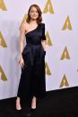 <p>The ‘La La Land’ actress stunned in a deep blue jumpsuit by Stella McCartney, which boasted a very trendy off-the-shoulder design and statement sleeve. [Photo: Getty] </p>