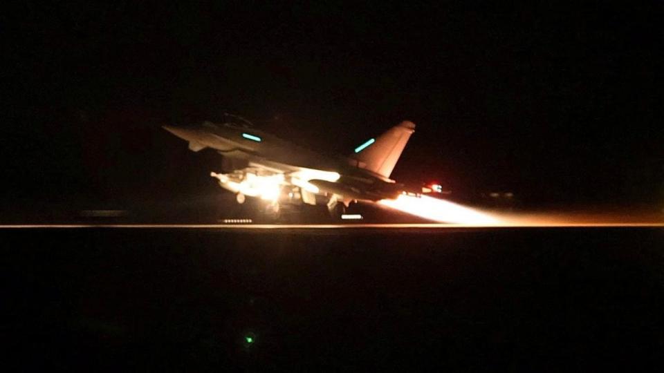 PHOTO: An RAF Typhoon aircraft takes off to join the U.S.-led coalition from RAF Akrotiri to conduct air strikes against military targets in Yemen, in Cyprus, in this handout picture released on Jan. 12, 2024.  (UK MOD Handout via Reuters)