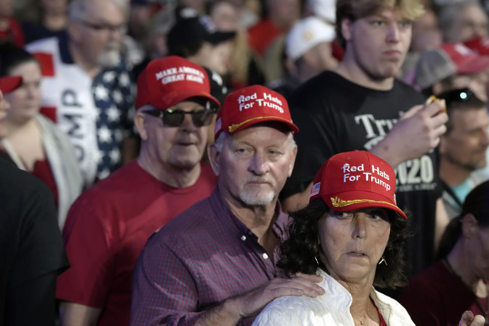 Attendees arrive for a rally with Republican presidential candidate former President Donald Trump in the closing weeks ahead of South Carolina's Feb. 24 Republican presidential primary, Saturday, Feb. 10, 2024, in Conway, S.C. (AP Photo/Meg Kinnard)