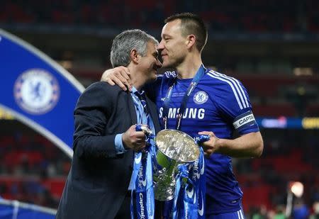 Football - Chelsea v Tottenham Hotspur - Capital One Cup Final - Wembley Stadium - 1/3/15 Chelsea manager Jose Mourinho and John Terry hug after winning the Capital One Cup Action Images via Reuters / Matthew Childs Livepic