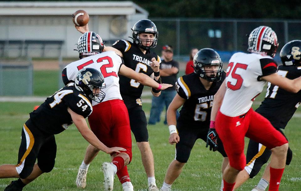 South Central High School's Brandon Mitchell (6) throws a pass against Crestview High School during high school football action Friday, Oct. 1, 2021 at South Central High School. TOM E. PUSKAR/TIMES-GAZETTE.COM