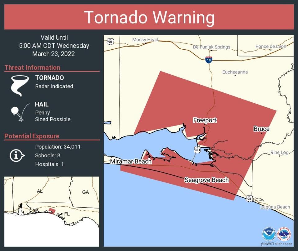 A tornado warning has been issued for three areas in Florida's Panhandle March 23, 2022.