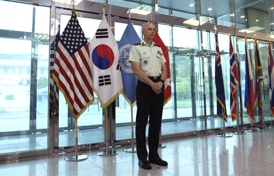 U.S. Lt. Gen. Wayne Eyre, deputy commander of the United Nations Command, waits for a group photo during a commemorative ceremony for the 65th anniversary of the signing of the Korean War Armistice Agreement at the truce village of Panmunjom in the Demilitarized Zone (DMZ) dividing the two Koreas Friday, July 27, 2018. (Jung Yeon-je /Pool Photo via AP)