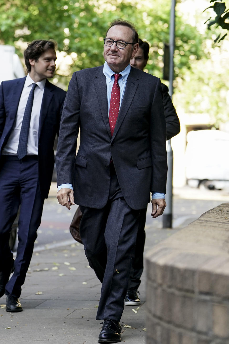 Actor Kevin Spacey arrives at Southwark Crown Court where he is accused of sexual offenses against four men in Britain, in London, Monday July 3, 2023. The actor, charged under his full name of Kevin Spacey Fowler, has pleaded not guilty to all 12 counts, which relate to alleged incidents between 2001 and 2013. (Jordan Pettitt/PA via AP)