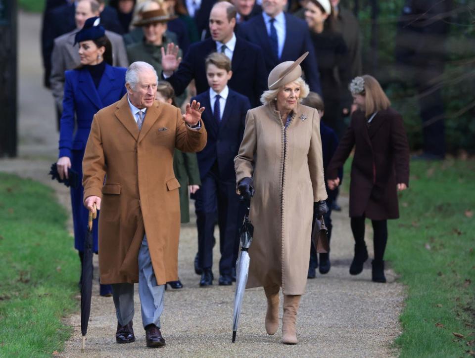 King Charles and Queen Camilla wear tan coats on Christmas in 2023