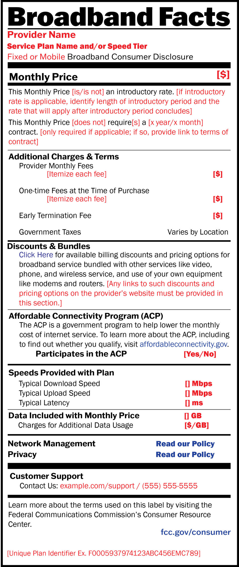 FCC Broadband Nutrition Label