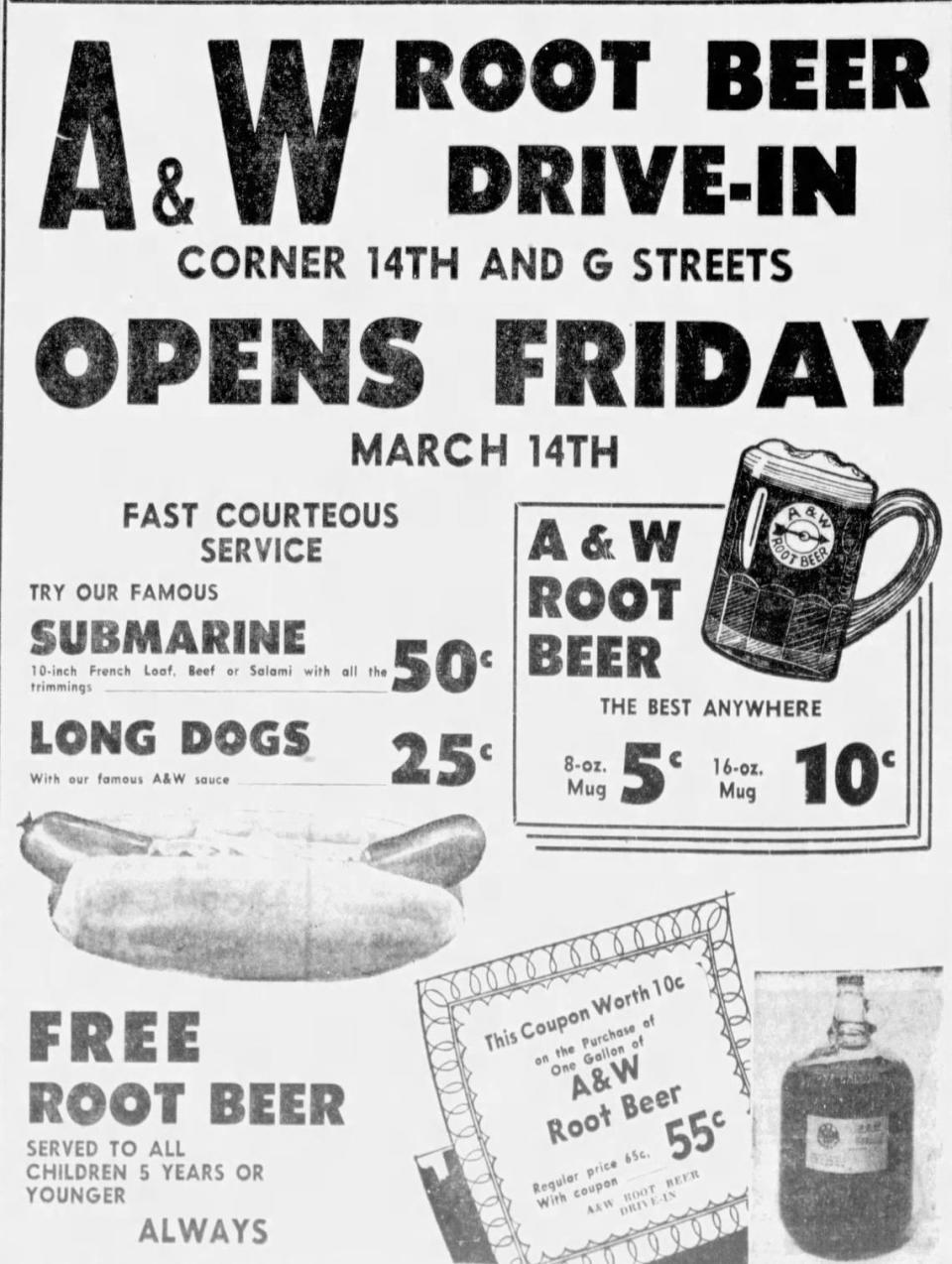 Modesto’s A&W Root Beer Drive-In advertised its grand opening celebration in The Modesto Bee on Friday, March 14, 1958.