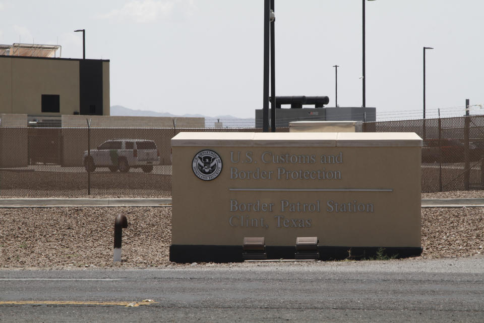 FILE - In this June 26, 2019, file photo, the entrance to the Border Patrol station in Clint, Texas. More Americans disapprove than approve of how President Joe Biden is handling waves of unaccompanied immigrant children arriving at the U.S.-Mexico border, and his efforts on larger immigration policy aren’t polling as well as those on other top issues. (AP Photo/Cedar Attanasio, File)