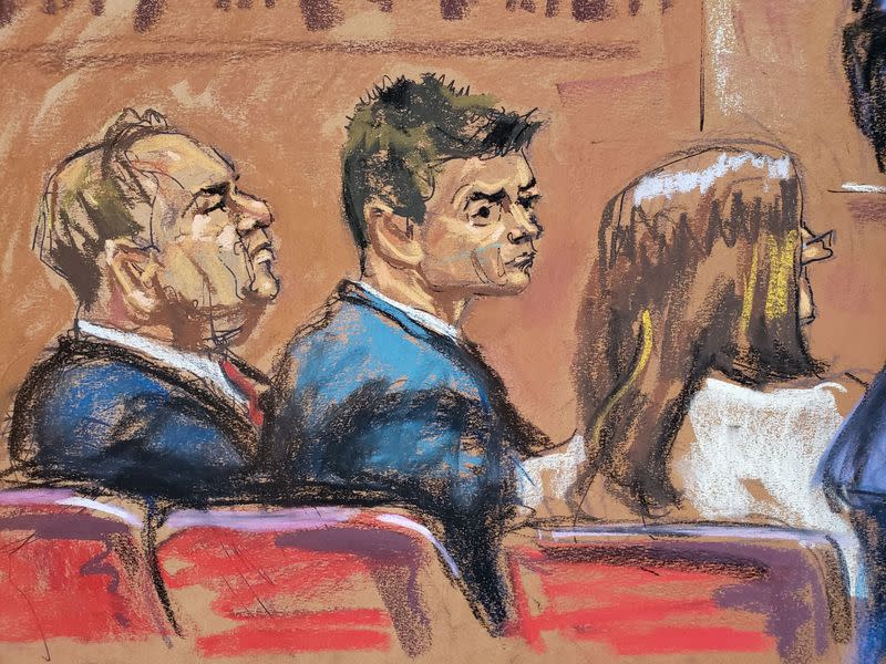 Film producer Weinstein sits with his lawyers Cheronis and Rotunno as they listen to witness Entin as she is questioned by Assistant District Attorney Hast during Weinstein's sexual assault trial in New York