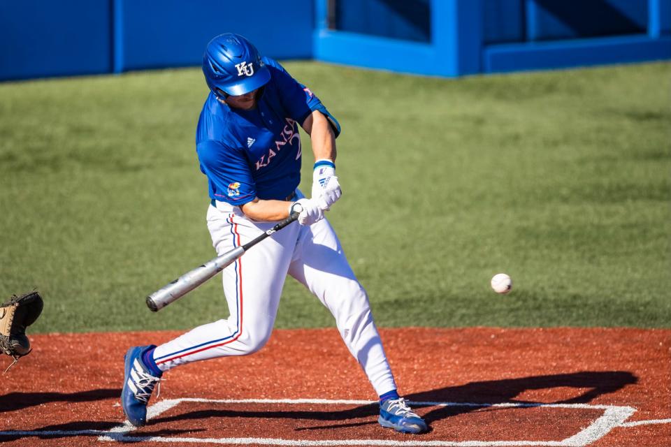 Cole Elvis swings at a pitch during a Kansas baseball game Wednesday against Texas Southern in Lawrence.