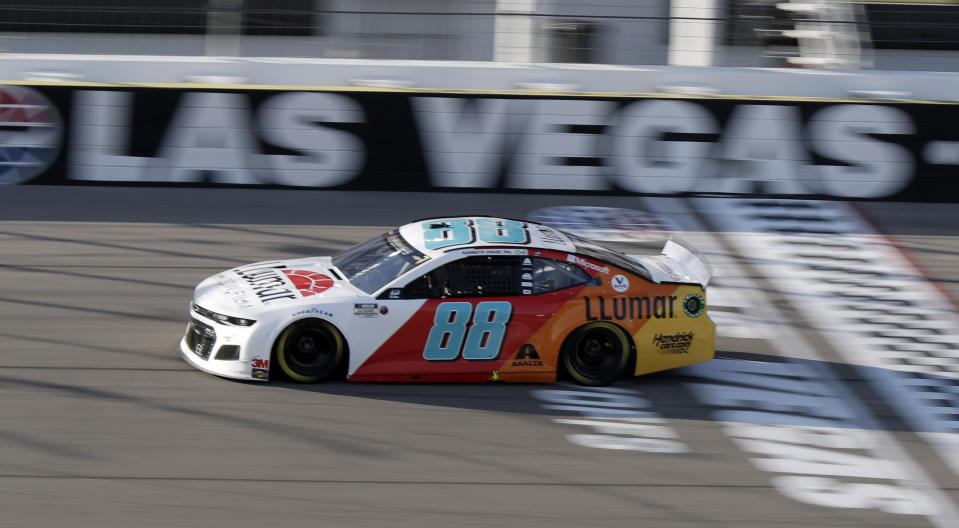 Alex Bowman drives during a NASCAR Cup Series auto race Sunday, Sept. 27, 2020, in Las Vegas. (AP Photo/Isaac Brekken)