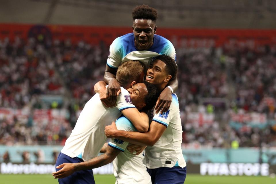 Kane, Saka and Bellingham celebrate with Sterling (Getty)