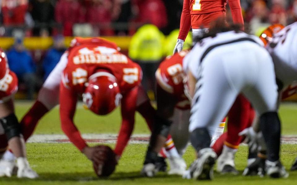 Kansas City Chiefs long snapper James Winchester prepares to snap before a field goal against the Bengals in December.