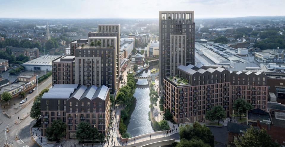 Reading Chronicle: A revised CGI for what apartment towers added to The Oracle in Reading could look like if built. Two storeys have been shaven off towers to the south of the river, with one storey being added at a block to the north.