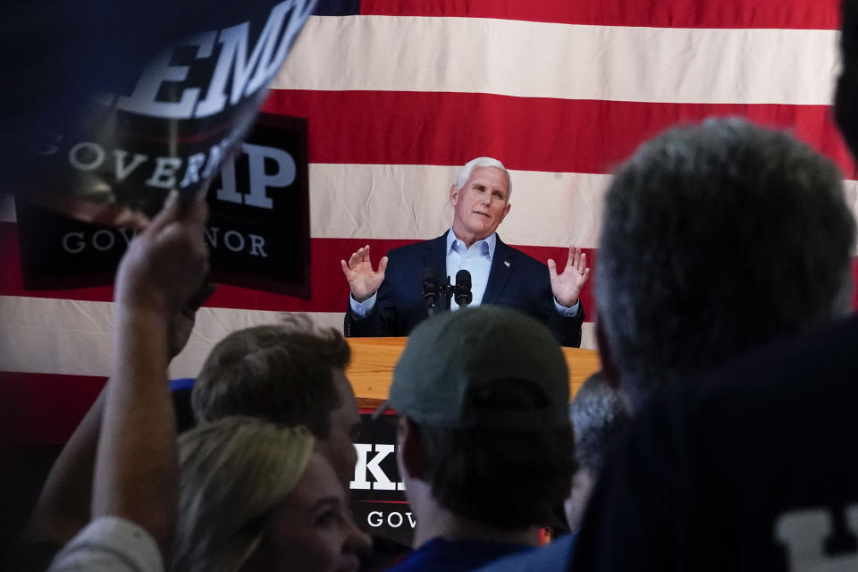 Former Vice President Mike Pence speaks on behalf of Georgia Gov. Brian Kemp during a rally, Monday, May 23, 2022, in Kennesaw, Ga. Pence is opposing former President Donald Trump and his preferred Republican candidate for Georgia governor, former U.S. Sen. David Perdue. (AP Photo/Brynn Anderson)