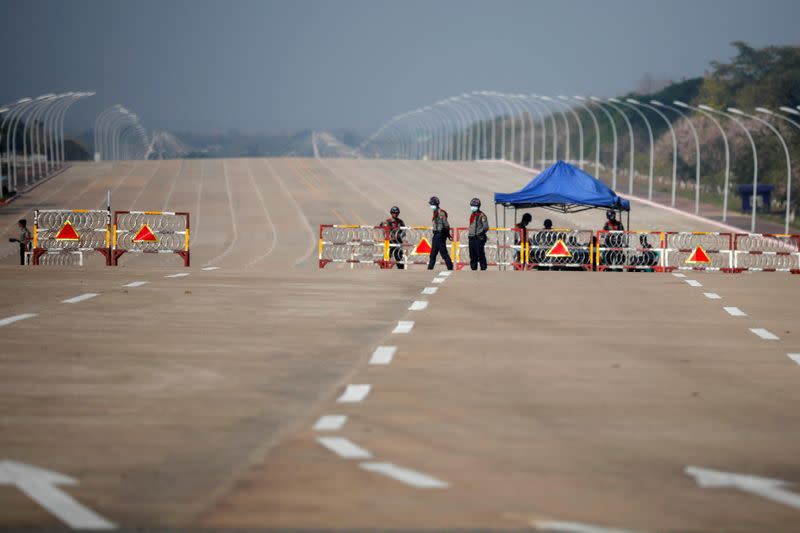 Myanmar's police checkpoint is seen on the way to the congress compound in Naypyitaw