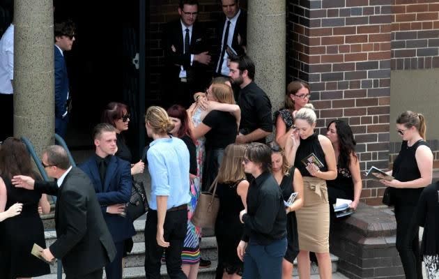 Family and friends gathered at St Mary's Catholic Church in Concord for Jessica Falkholt's funeral. Source: AAP