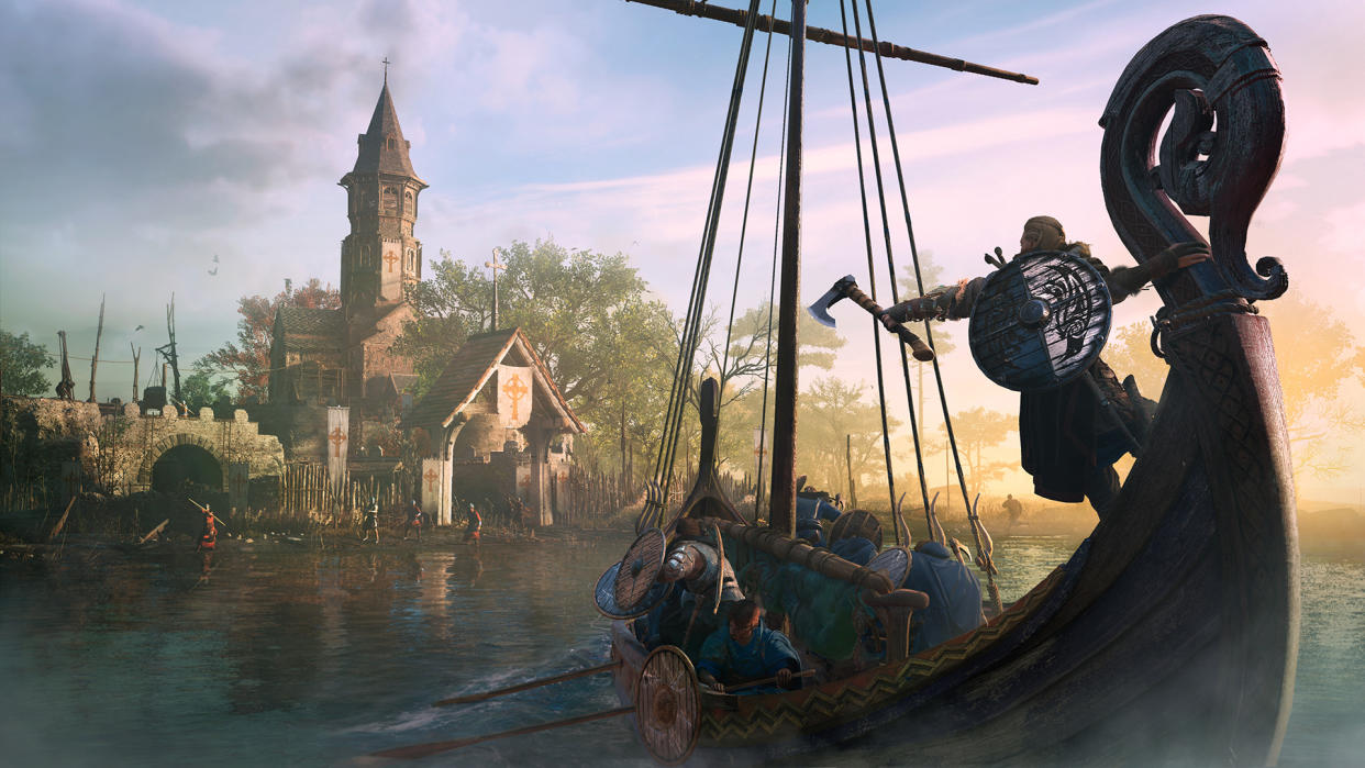 Viking on a ship approaching a church on shore