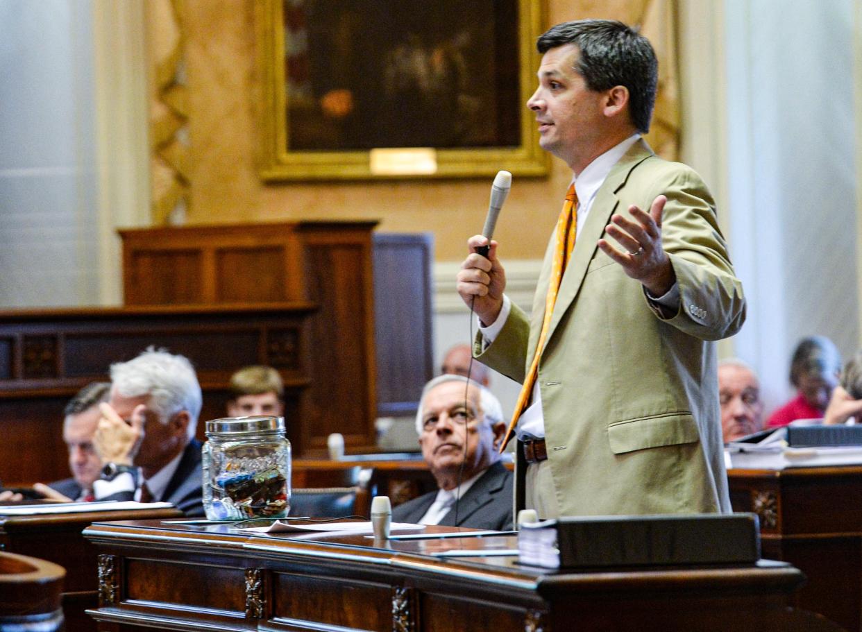 South Carolina Senate Majority leader Shane Massey of District 25 in Edgefield speaks during a session in the South Carolina Senate of the State Capitol in Columbia, S.C. in 2021.