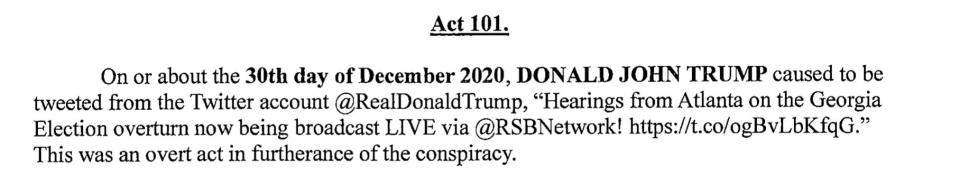 Tweet from @realDonaldTrump mentioned in the Georgia indictment