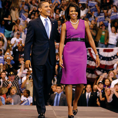 On the campaign trail with her husband, Michelle Obama garnered raves for what would become a signature look: A feminine dress with a wide, almost-tough, waist-defining belt. The dress is by Pinto.