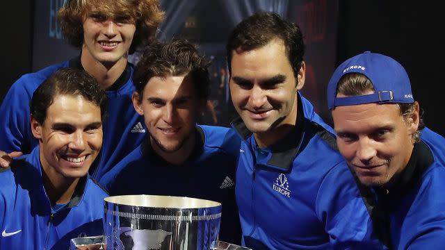 Federer and Berdych (far right) during the Laver Cup. Image: Getty