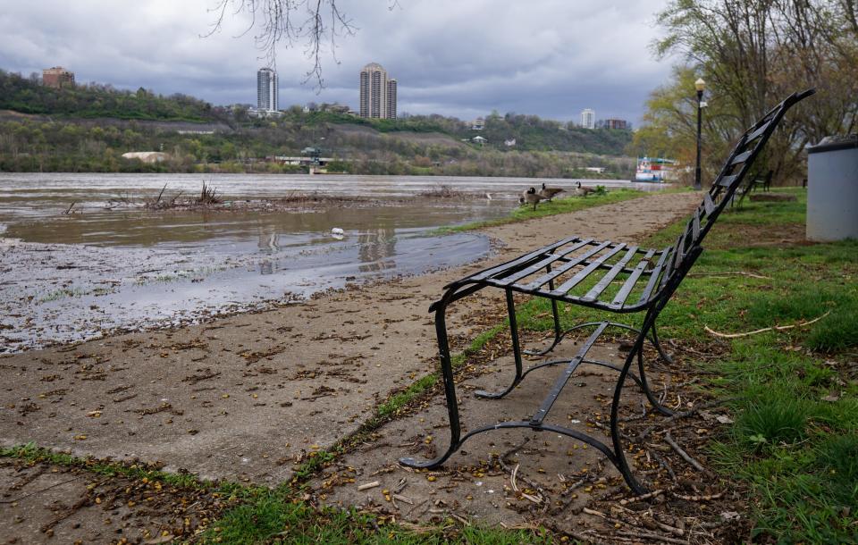 The Ohio River begins to flood Bellevue Beach Park in Northern Kentucky across from Cincinnati on April, 5, 2024.