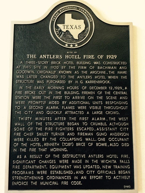 A historical marker in the Wichita Falls Public Library commemorates the deadly fire in the Antlers Hotel at the location in 1929.