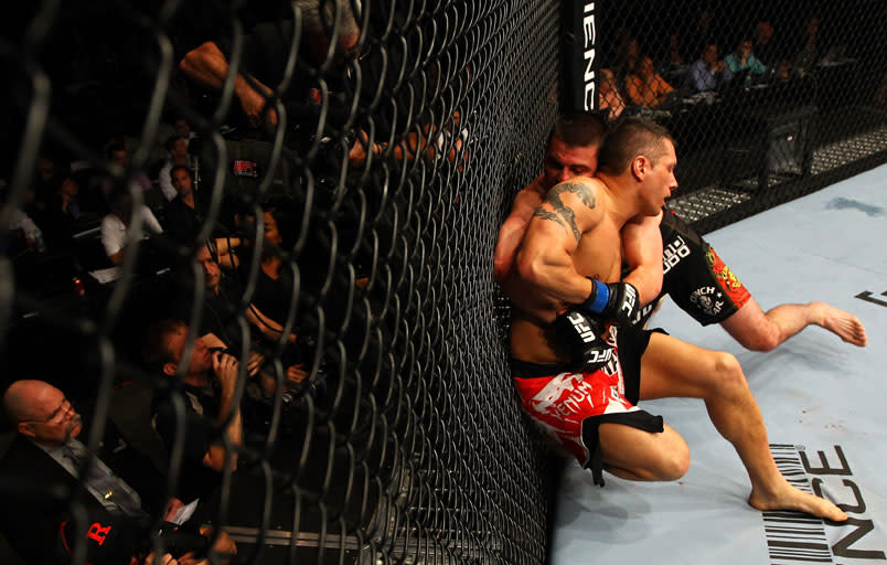 ATLANTA, GA - APRIL 21: Keith Wisniewski and Chris Clements (front) grapple during their welterweight bout for UFC 145 at Philips Arena on April 21, 2012 in Atlanta, Georgia.