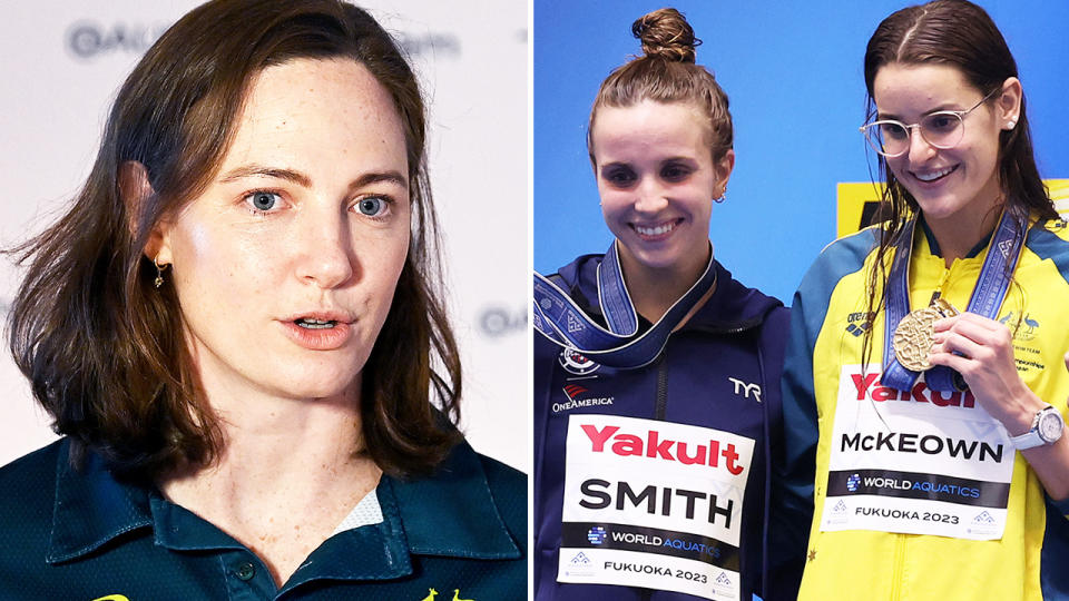 Cate Campbell alongside Regan Smith and Kaylee McKeown.