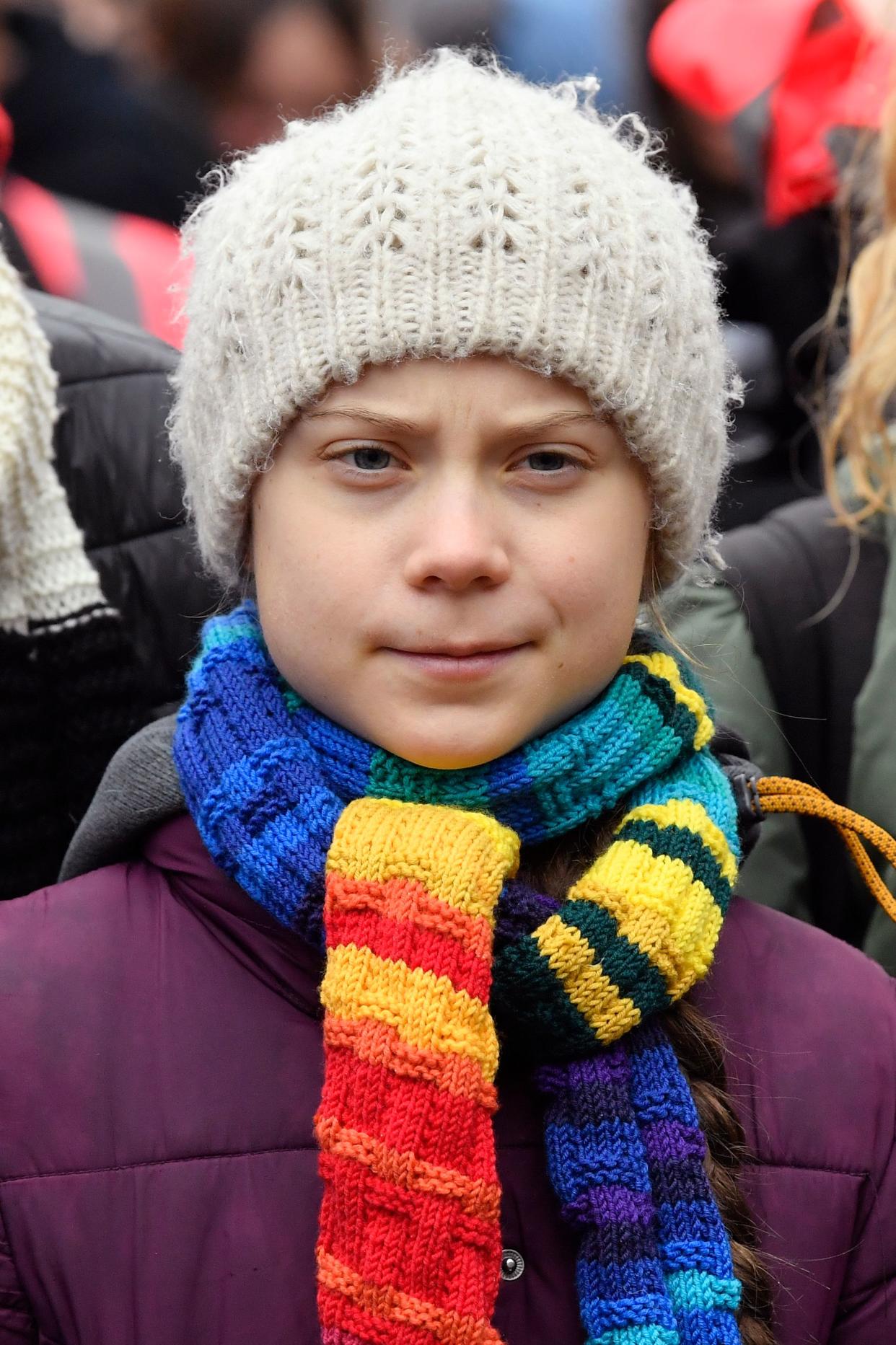 Swedish climate activist Greta Thunberg takes part in a "Youth Strike 4 Climate" protest march on March 6, 2020 in Brussels.