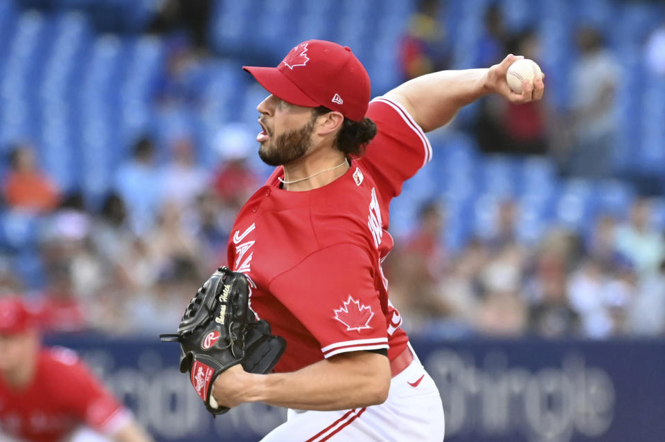 Toronto Blue Jays starting pitcher Thomas Hatch throws to a Tampa Bay Rays batter during the first inning of the second baseball game of a doubleheader Saturday, July 2, 2022, in Toronto. (Jon Blacker/The Canadian Press via AP)