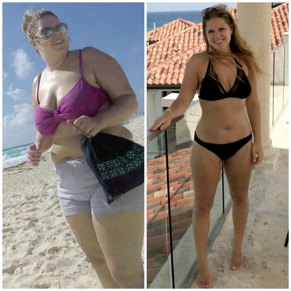 A chocolate addict has dropped 38kg after completing her New Year’s resolution to become ‘bikini ready’ in 12 months. Photo: Caters News