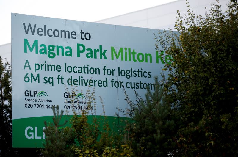 A welcome sign is seen at Magna Park in Milton Keynes