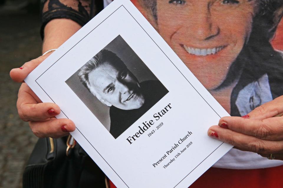 Freddie Starr laid to rest in a coffin engraved with 'Return to Sender' in Merseyside funeral