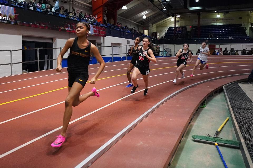 Mount Vernon's Honesty Ellis runs a heat of the 300-meter dash during the Westchester County Track & Field Championships at Armory Track & Field Center on Saturday, Jan. 27, 2024.