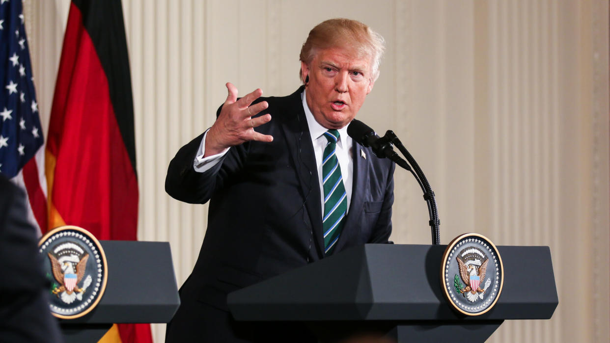 Washington, DC – March 17, 2017: US President Donald Trump hold a joint press conference with German Chancellor Angela Merkel at the White House after their first in-person meeting.