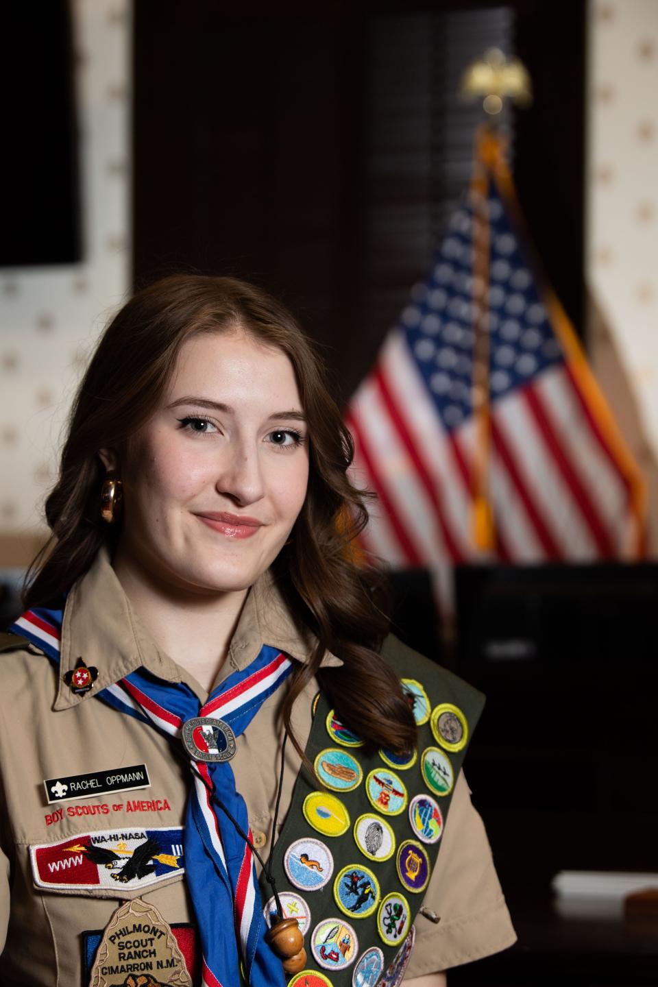 Rachel Oppmann, 18, in the Rutherford County Courthouse in Murfreesboro, Tenn. on March 28, 2024, was a member of Tennessee's first all-girl troop in Scouts BSA, a troop formed in 2019