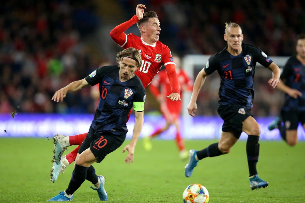 Harry Wilson (centre) and Luka Modric (left) battle for possession in Wales’ 1-1 draw with Croatia in Cardiff in October 2019 (Nigel French/PA) (PA Archive)