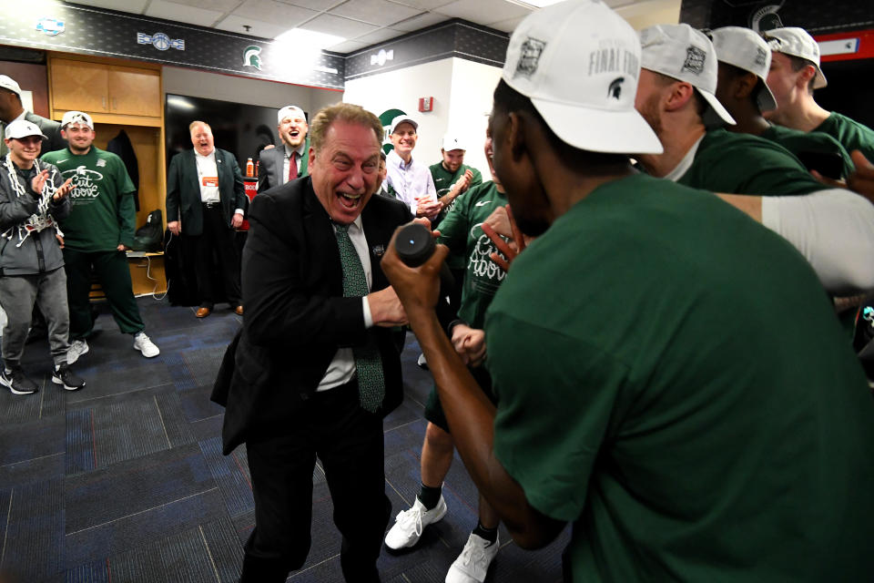 WASHINGTON, DC - MARCH 31: Head Coach Tom Izzo of the Michigan State Spartans celebrates with his team after defeating the Duke Blue Devils in the Elite Eight round of the 2019 NCAA Men's Basketball Tournament held at Capital One Arena on March 31, 2019 in Washington, DC. (Photo by Jamie Schwaberow/NCAA Photos via Getty Images)